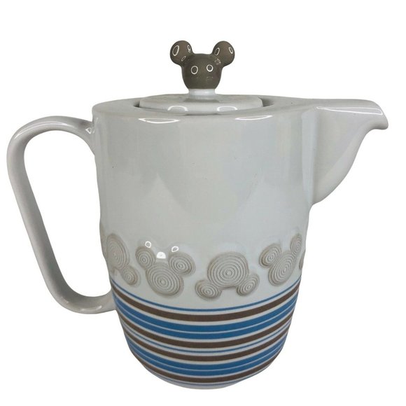 Walt Disney World Mickey Mouse Teapot Blue Brown Stripe White Thailand Unused - Picture 5 of 12